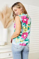 Double Take Floral Print Ruffle Shoulder Blouse OutfitFlow